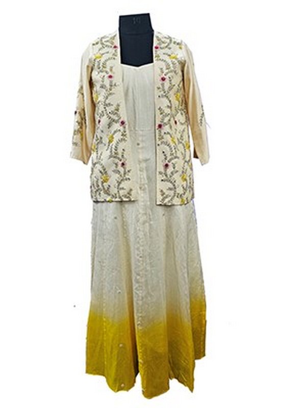 Beige coloured Chanderi long dress