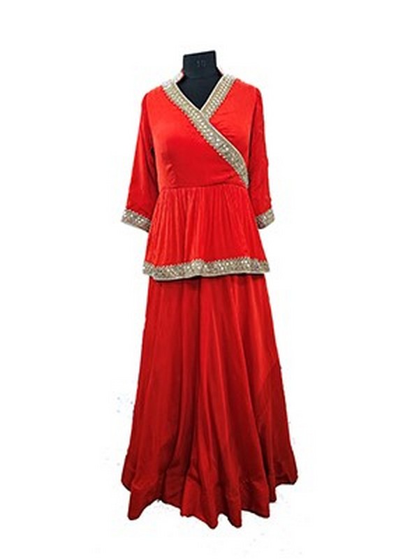 Red Chinon pleated top and long skirt