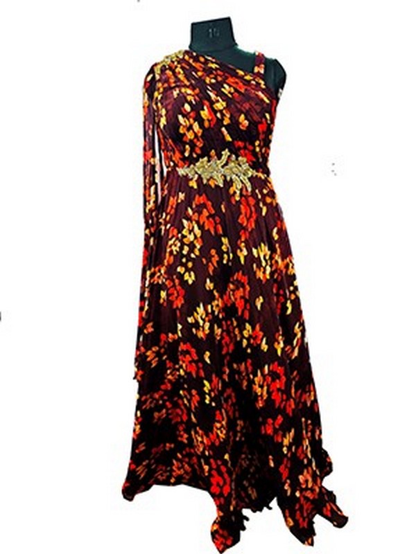 Dark Brown printed premium Chiffon Indo-western long dress