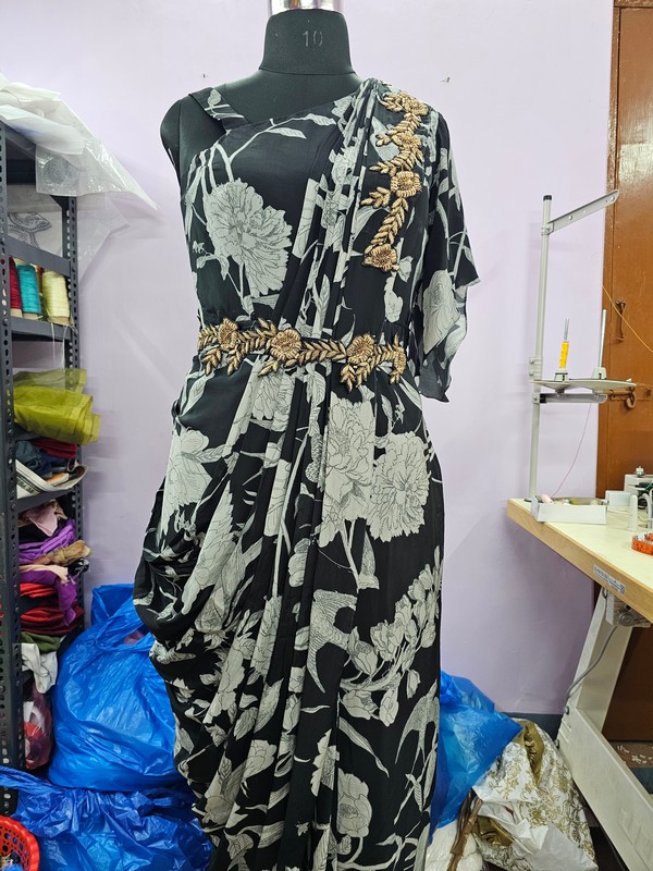 Printed Black crepe drape gown