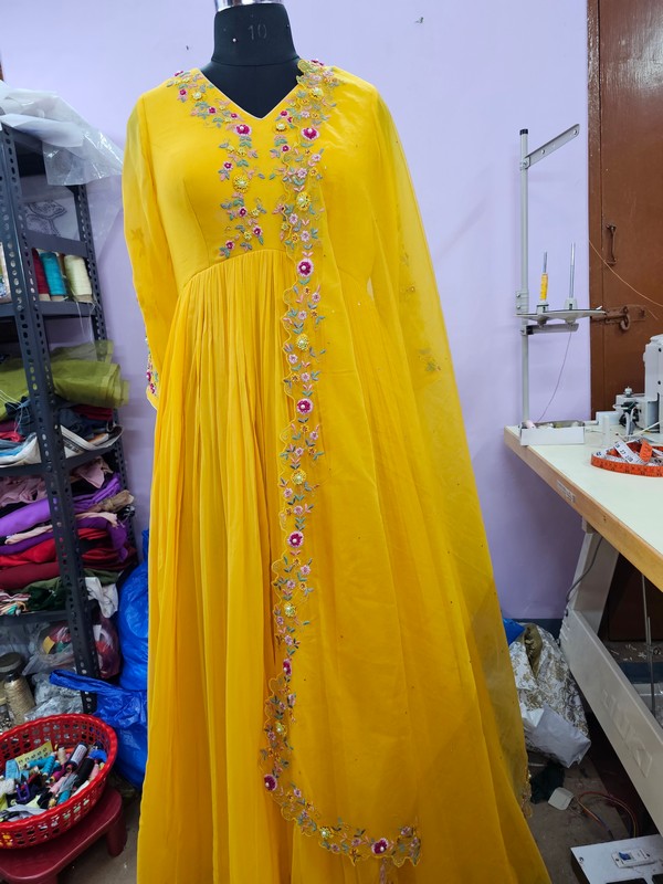 Mustard yellow georgette long gown