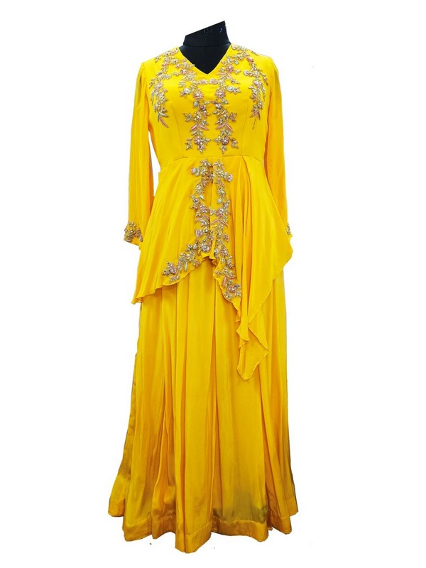 Mustard yellow Crepe desisner long gown