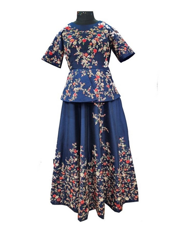 Night blue embroidered silk skirt gown