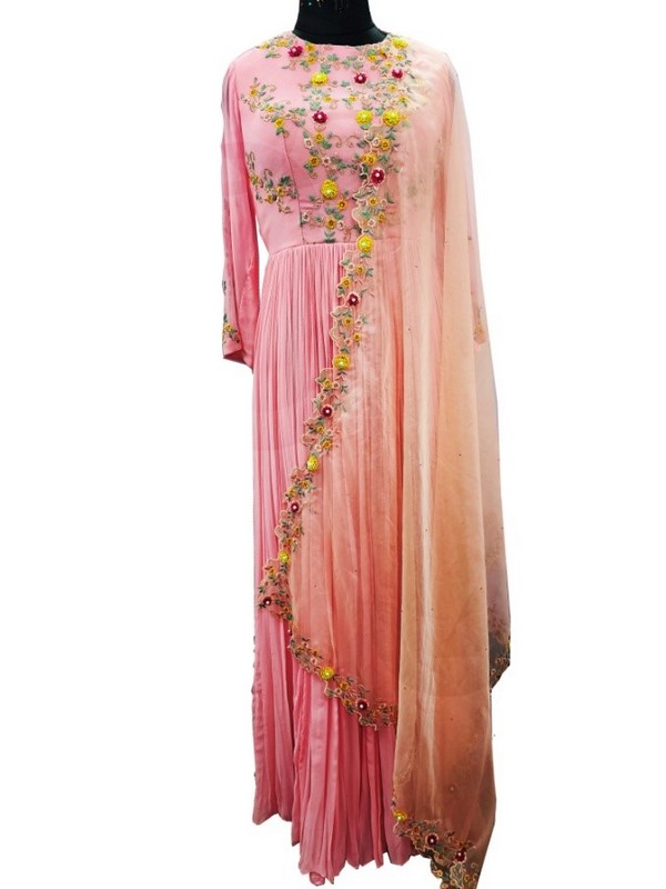 pink embroidered georgette pleated long dress