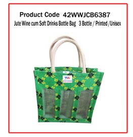 Jute Wine cum Soft Drinks Bottle Bag ( 3 Bottle / Printed /Unisex )